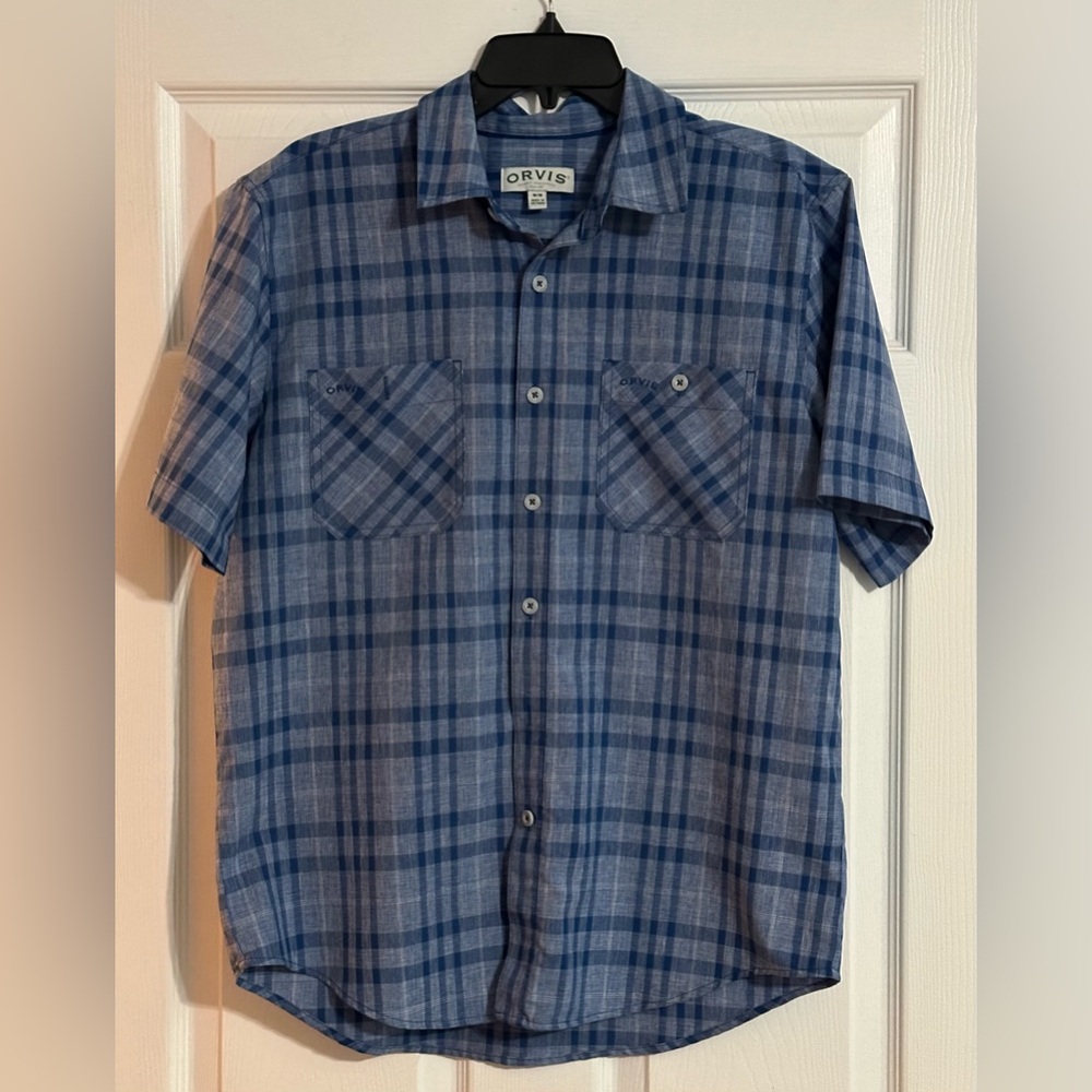 Orvis Mens‎ Blue Plaid Shirt Sleeve Button Down Shirt - Size Medium